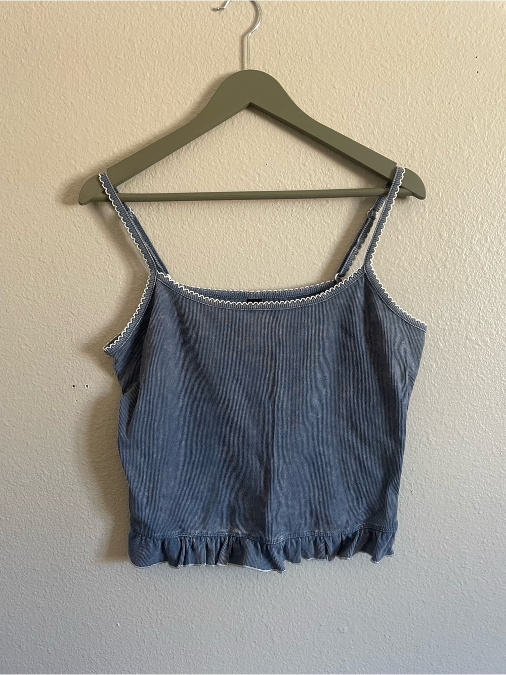 Blue Acid Wash Ribbed Cami with Lace Trim